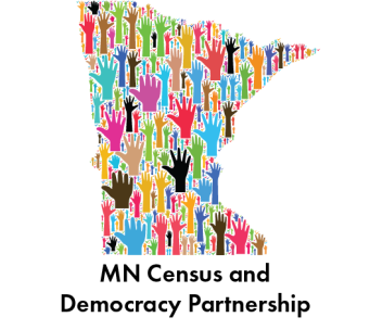 An outline of the state of Minnesota with multicolored raised hands filling in the outline.